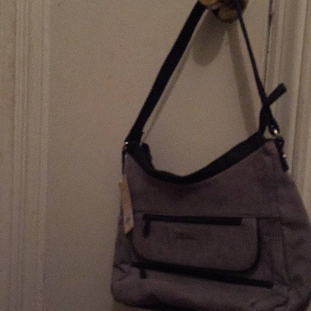 Gray and black purse